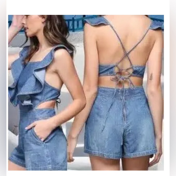 Do+Be denim chambray backless romper with ruffle and tie back size small NWT - Picture 2 of 7